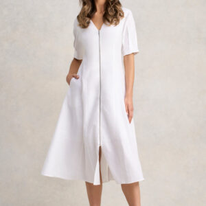 Zip Through Linen Dress - White