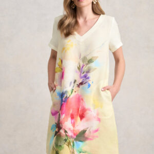 V-Neck Linen Dress - Watercolour Floral