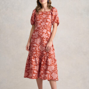 Linen Blend Printed Midi Dress – Rosewood Print